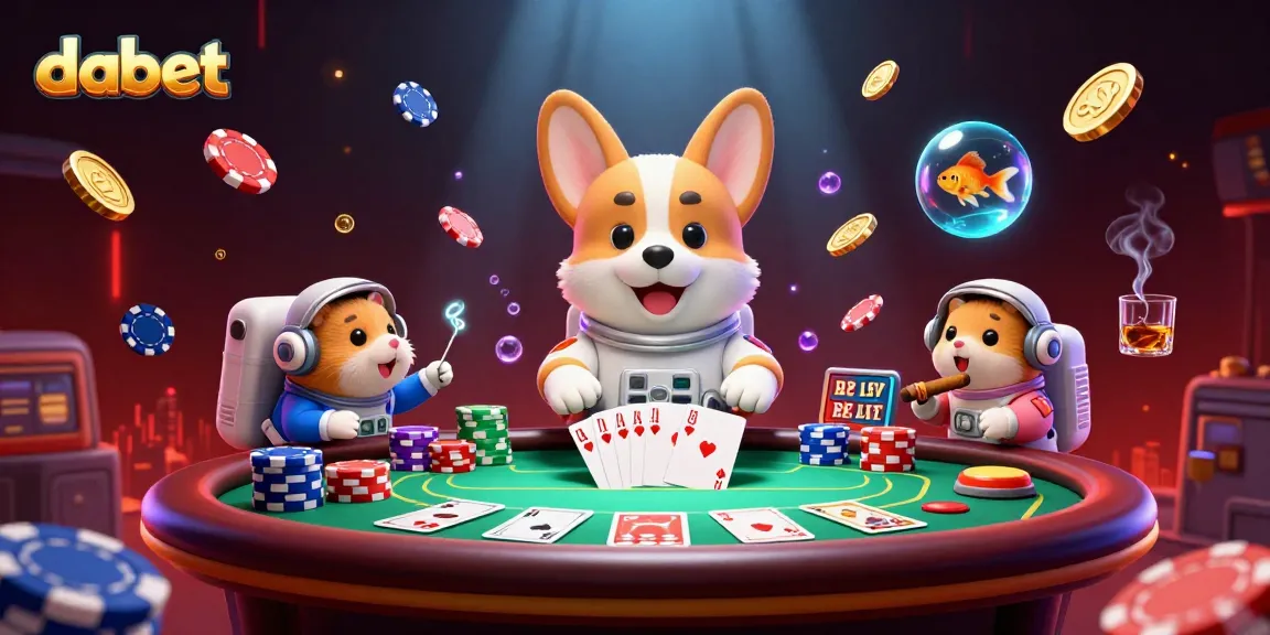 Embark on gaming adventures with dabet's fun-filled space casino illustration featuring floating characters and poker elements.