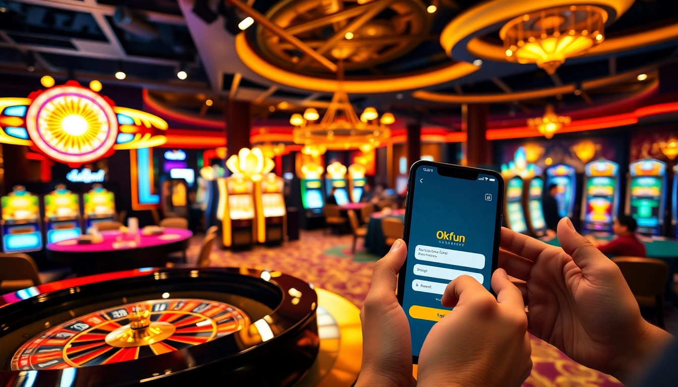 Engaging atmosphere of Đăng Nhập OKFUN with players immersed in the casino experience.