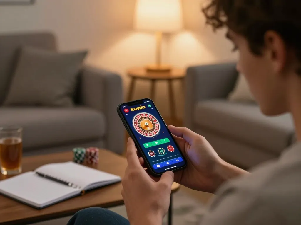 Kuwin gaming app displaying live roulette action, in a cozy and inviting home setting
