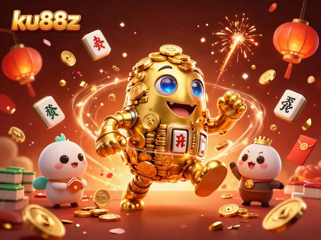 Engage with ku88z's vibrant casino world, showcasing a magnificent golden golem amidst festive gaming elements.