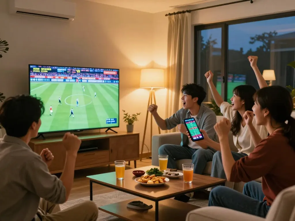 Excited friends cheering on their team while placing bets on 88betcom in a cozy living room.