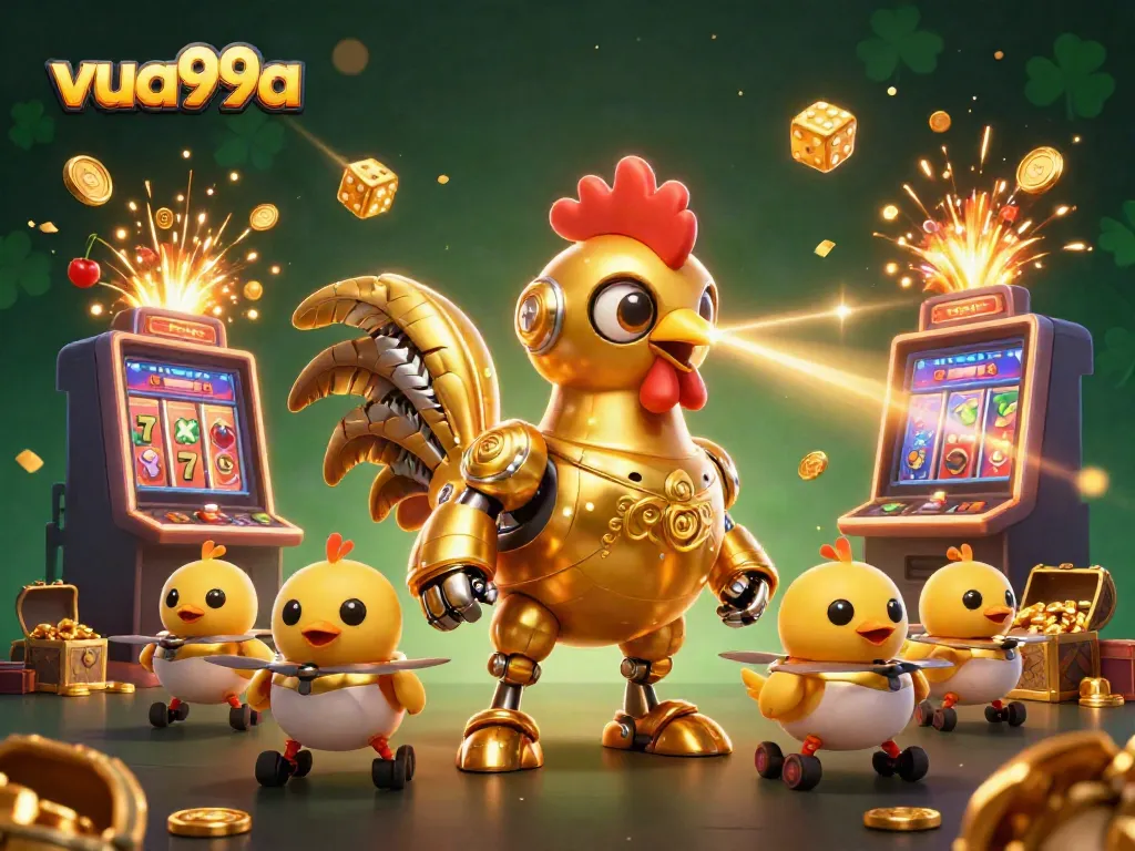 Experience thrilling gameplay with the vibrant world of vua99a, featuring an energetic golden rooster robot amidst casino rewards.