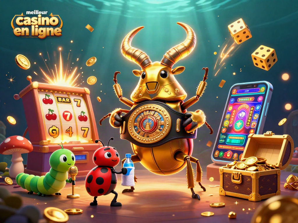 Profitez des jeux au meilleur casino en ligne avec cette illustration captivante remplie de machines à sous et de symboles de jackpot.