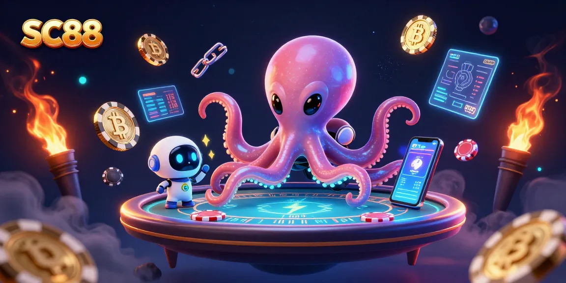 Engage with SC88 featuring a vibrant alien octopus at a holographic poker table with crypto elements.