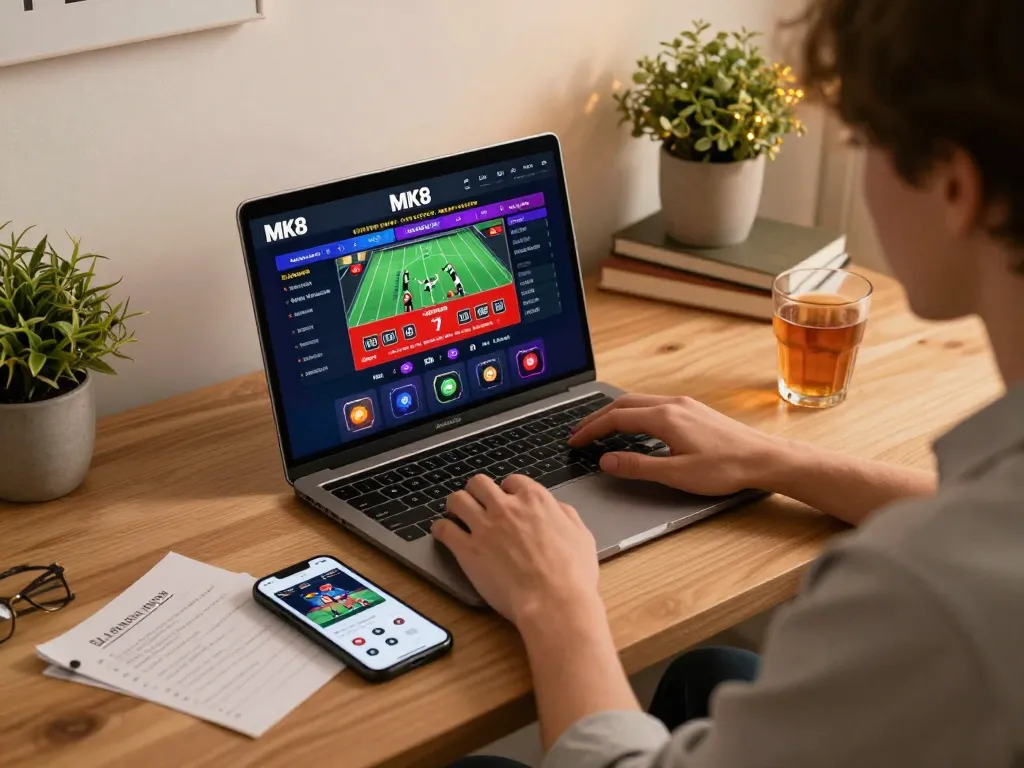 Engaged gambler exploring MK8 online casino platform with live betting interface and smartphone support