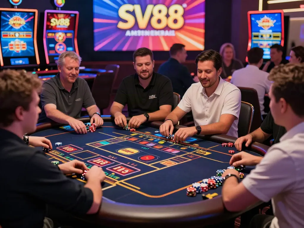 SV88 online gaming scene with players at a digital casino table.