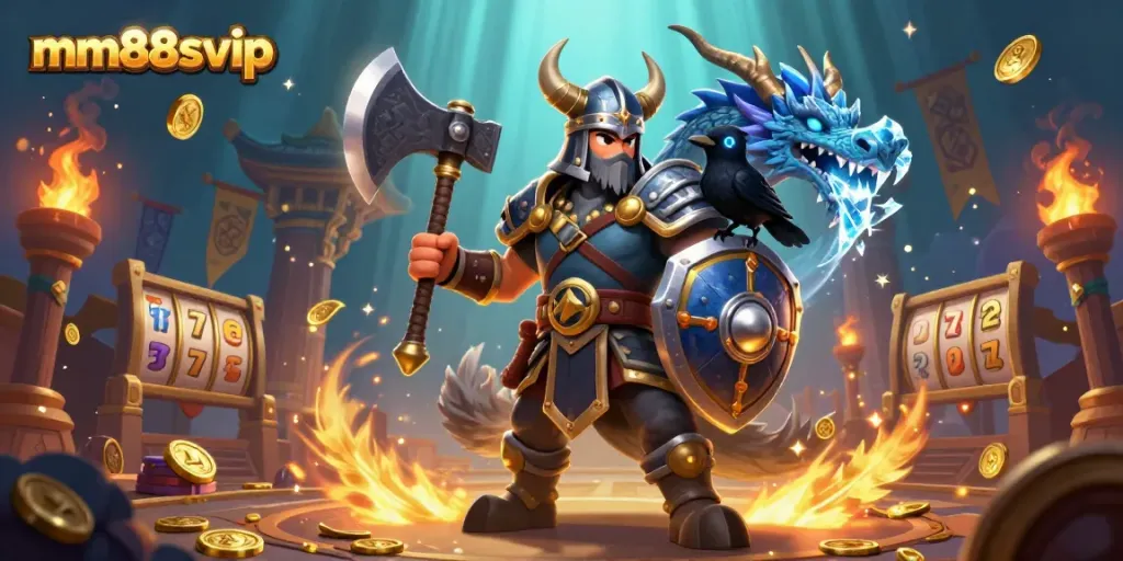 Engage with mm88svip in a vibrant 3D casino scene showcasing an epic Viking warrior, fierce dragon, and glowing raven.