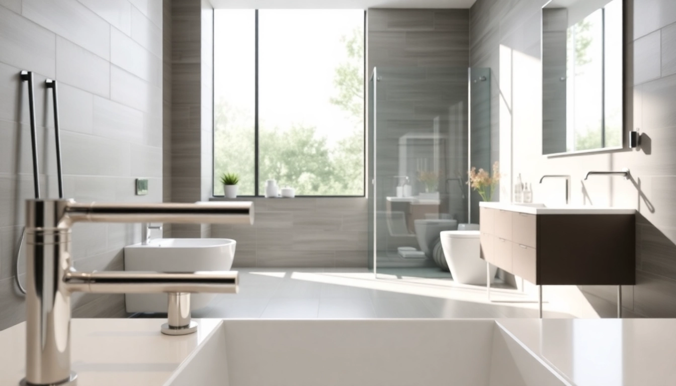 Die modernen sonni sanitär Produkte in einem eleganten Badezimmer-Anblick zeigen stilvolle Armaturen.
