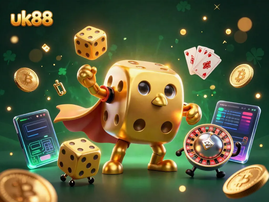 Experience thrilling gameplay at uk88 with golden dice and crypto elements in a lively casino scene.