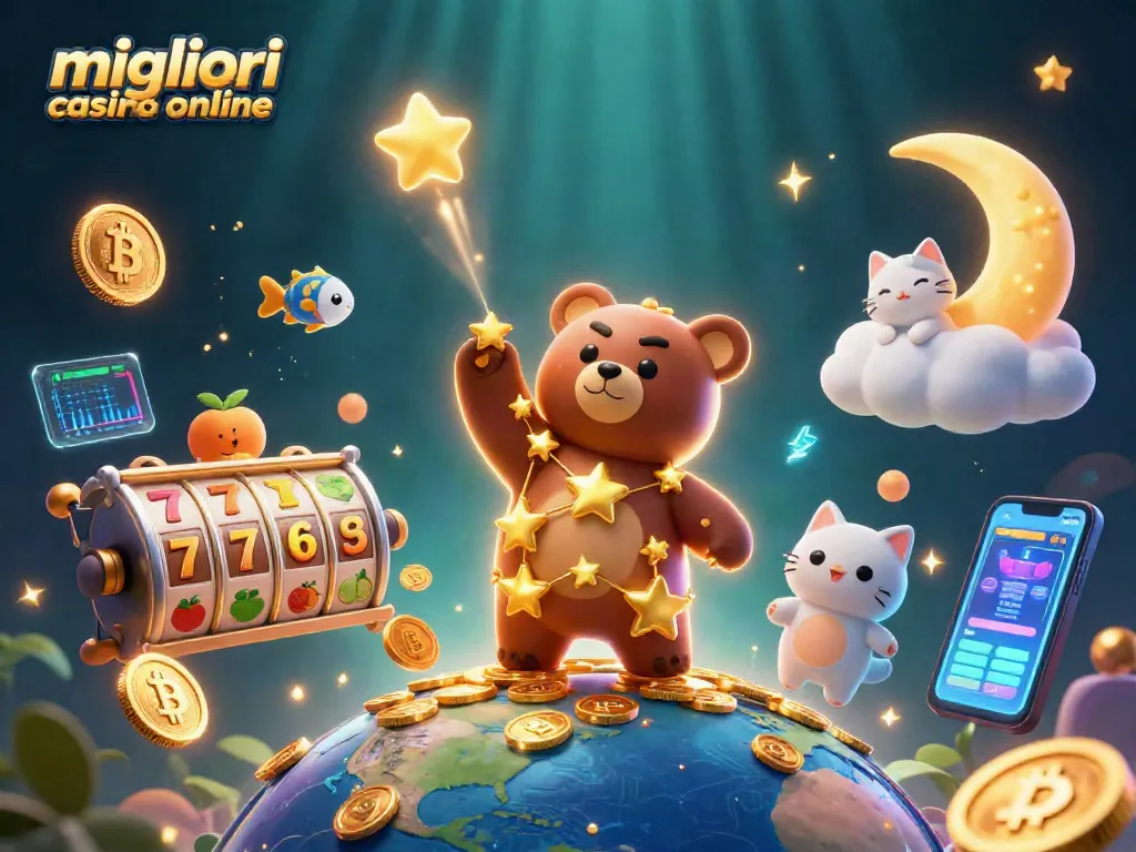 Gioca nei migliori casino online con emozionanti slot e monete Bitcoin nell'illustrazione vibrante.