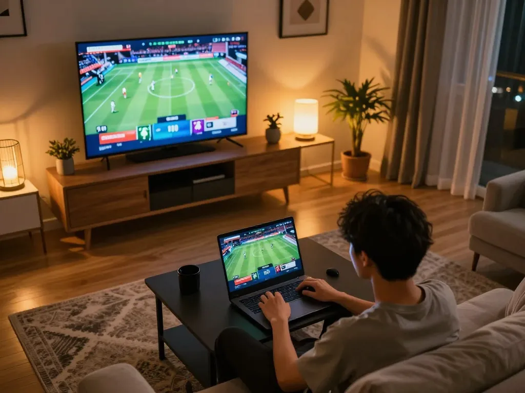 SOCOLIVE user engaged in sports betting on a laptop, displaying a winning strategy in a cozy home setup.