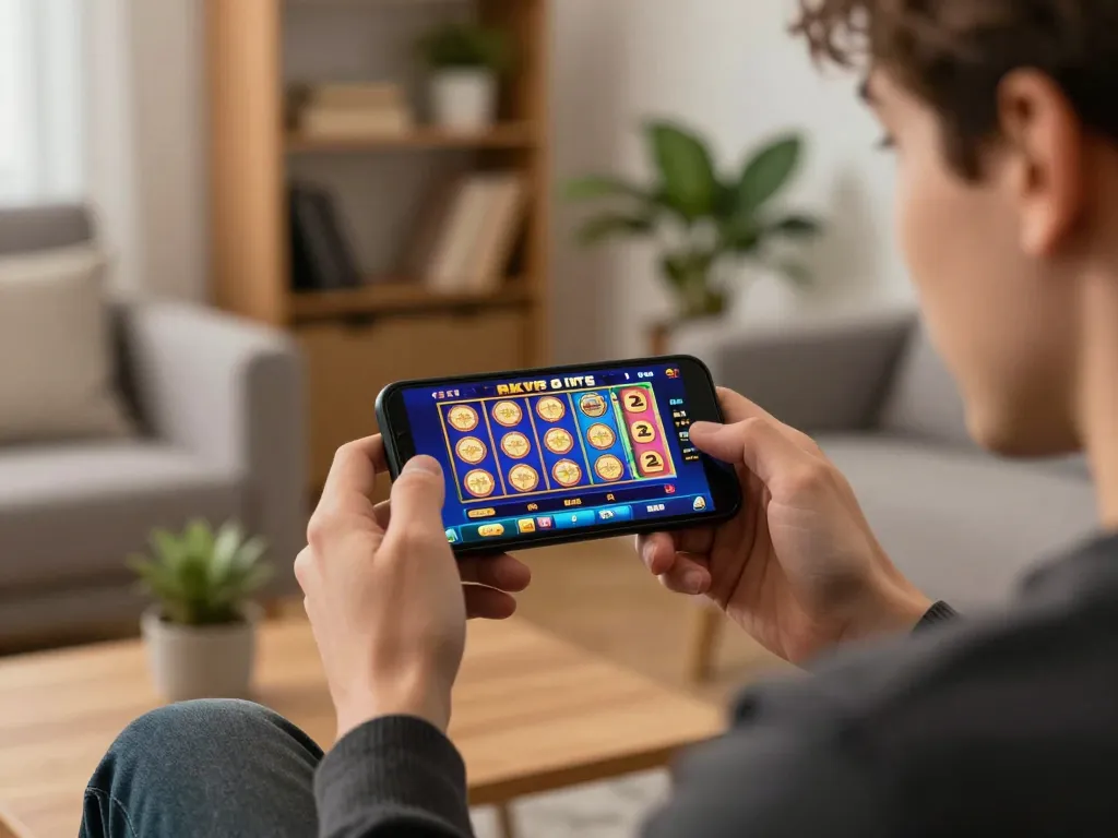 Engaging with the rik vip casino app on a smartphone in a cozy home environment.