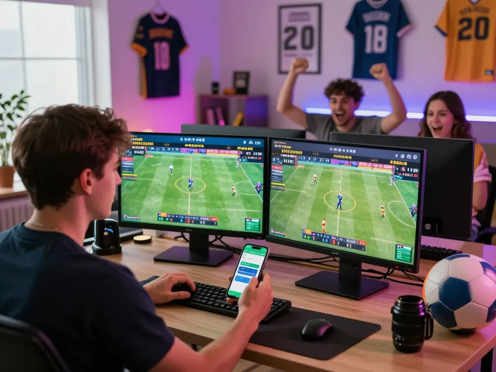 Exciting scene of thể thao Goal123 online sports betting with user engaged in live matches and smartphone app.