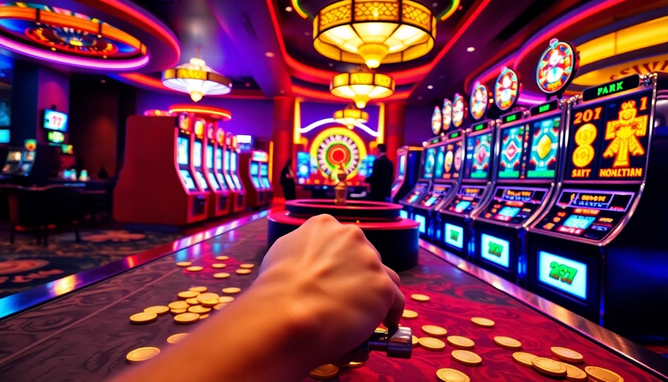 Experience the thrill of idnslot with colorful slot machines and poker chips in a vibrant casino setting.