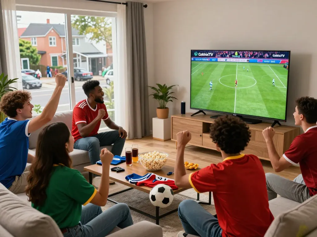 Excited friends watching high-definition football on CakhiaTV, enjoying a lively match in a vibrant living room setting.