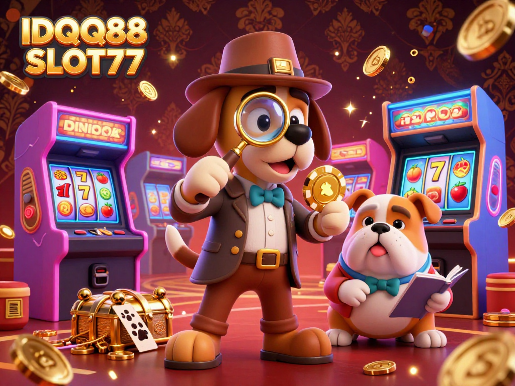 IDQQ88 SLOT77 slot detective scene featuring a bloodhound investigating a poker chip surrounded by game elements.