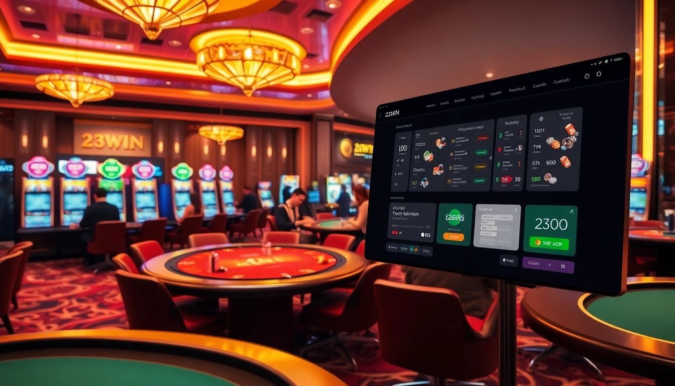 Players enjoying diverse online games at 23WIN casino, emphasizing excitement and luxury.