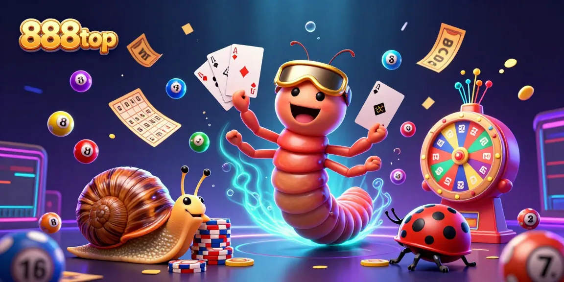 Engage with the vibrant casino scene of 888top featuring a cartoon millipede dealer and exciting game elements.