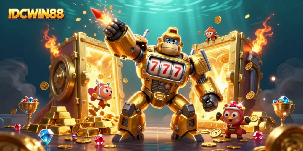 Experience thrilling wins at IDCWIN88 with excitement from spinning slot reels and a golden gorilla mech.