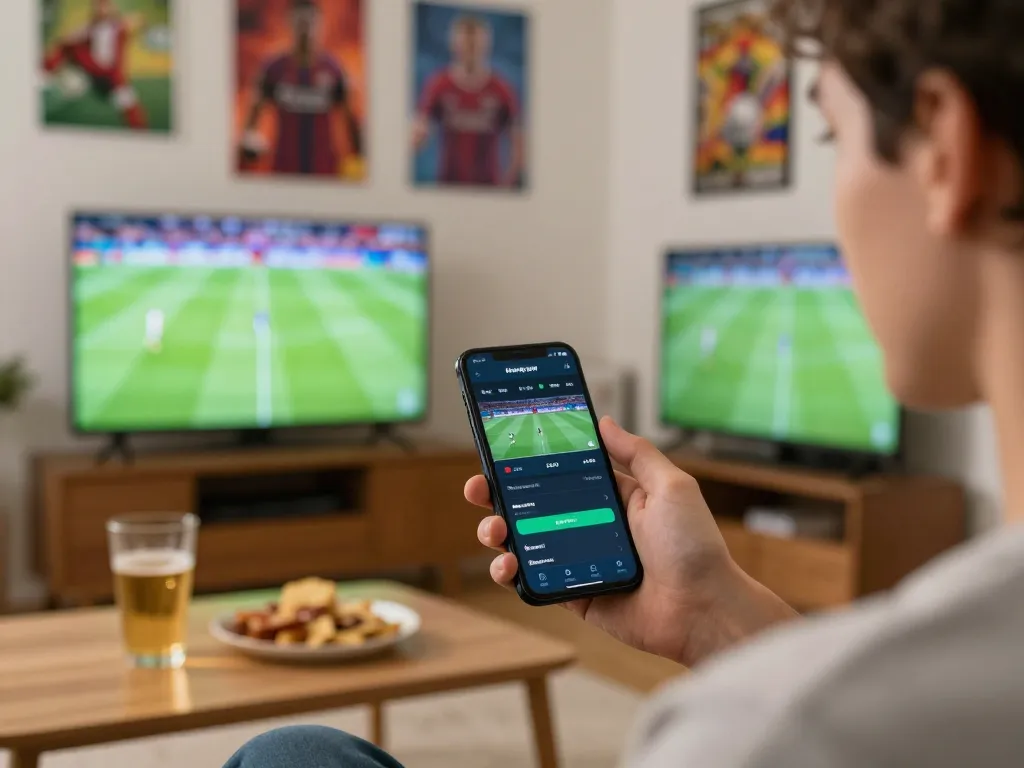 Xoilac user engaging in sports betting while watching a live game on mobile app, capturing excitement.
