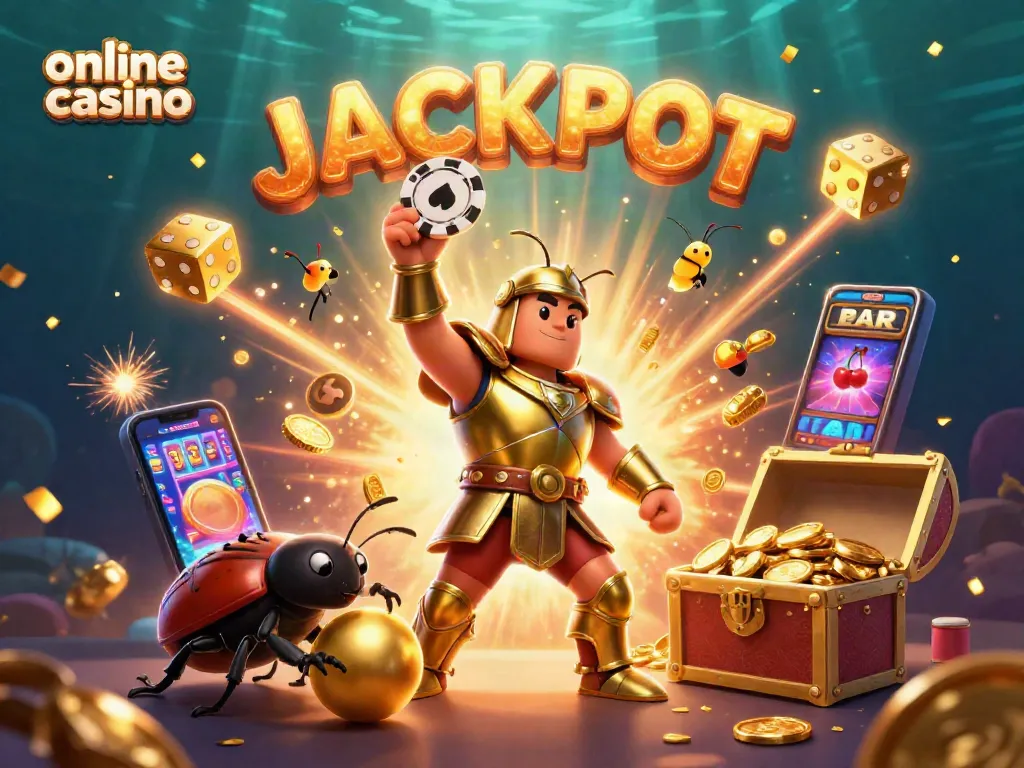 Gana grandes premios en un casino online con un divertido escarabajo hercúleo y un bote de oro.