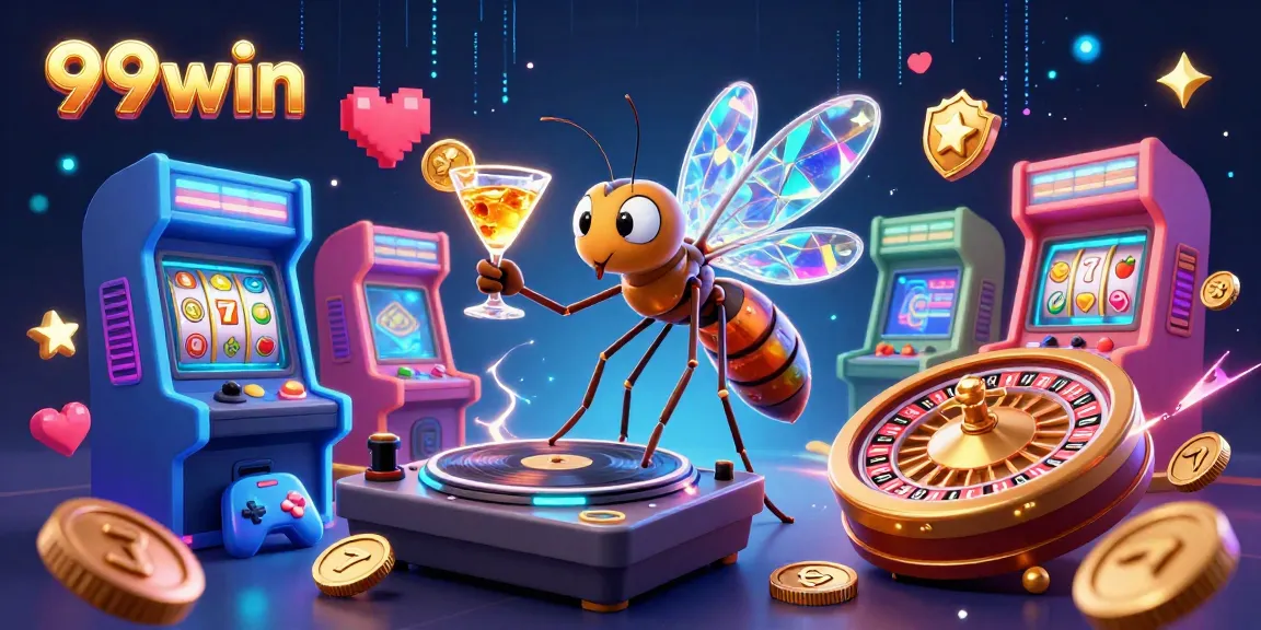 Experience the thrill of 99win's casino with an energetic scene of an amber mosquito mascot and gaming excitement.