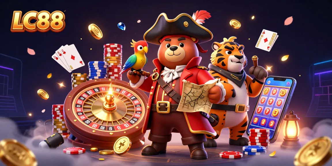 Engage with the vibrant LC88 casino scene featuring a pirate bear, tiger, and treasure-themed elements.