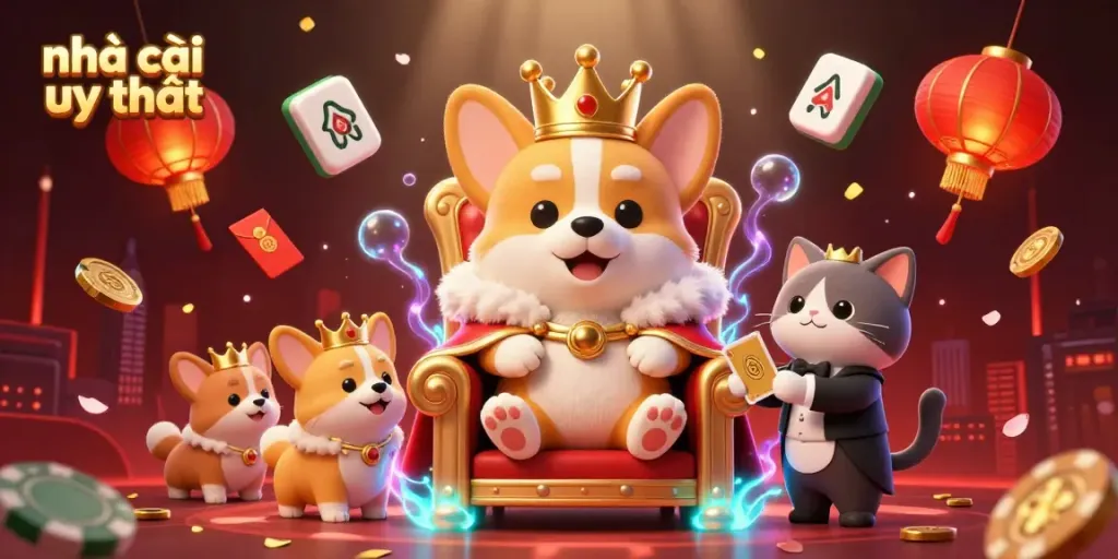 Experience the excitement of nhà cái uy tín with a vibrant 3D casino scene featuring a royal corgi, cat butler, and dynamic game elements.