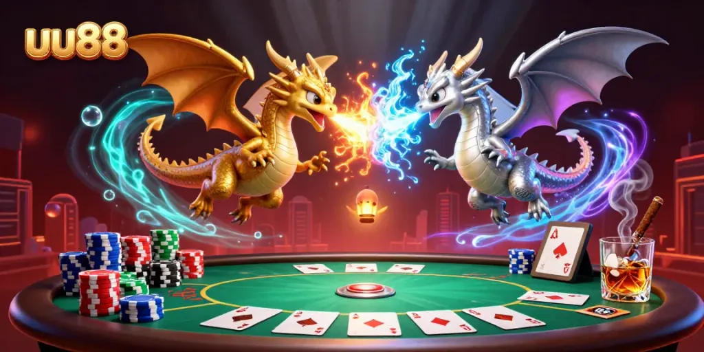 Experience thrilling gameplay with uu88's fantastical dragon duel amidst poker excitement.