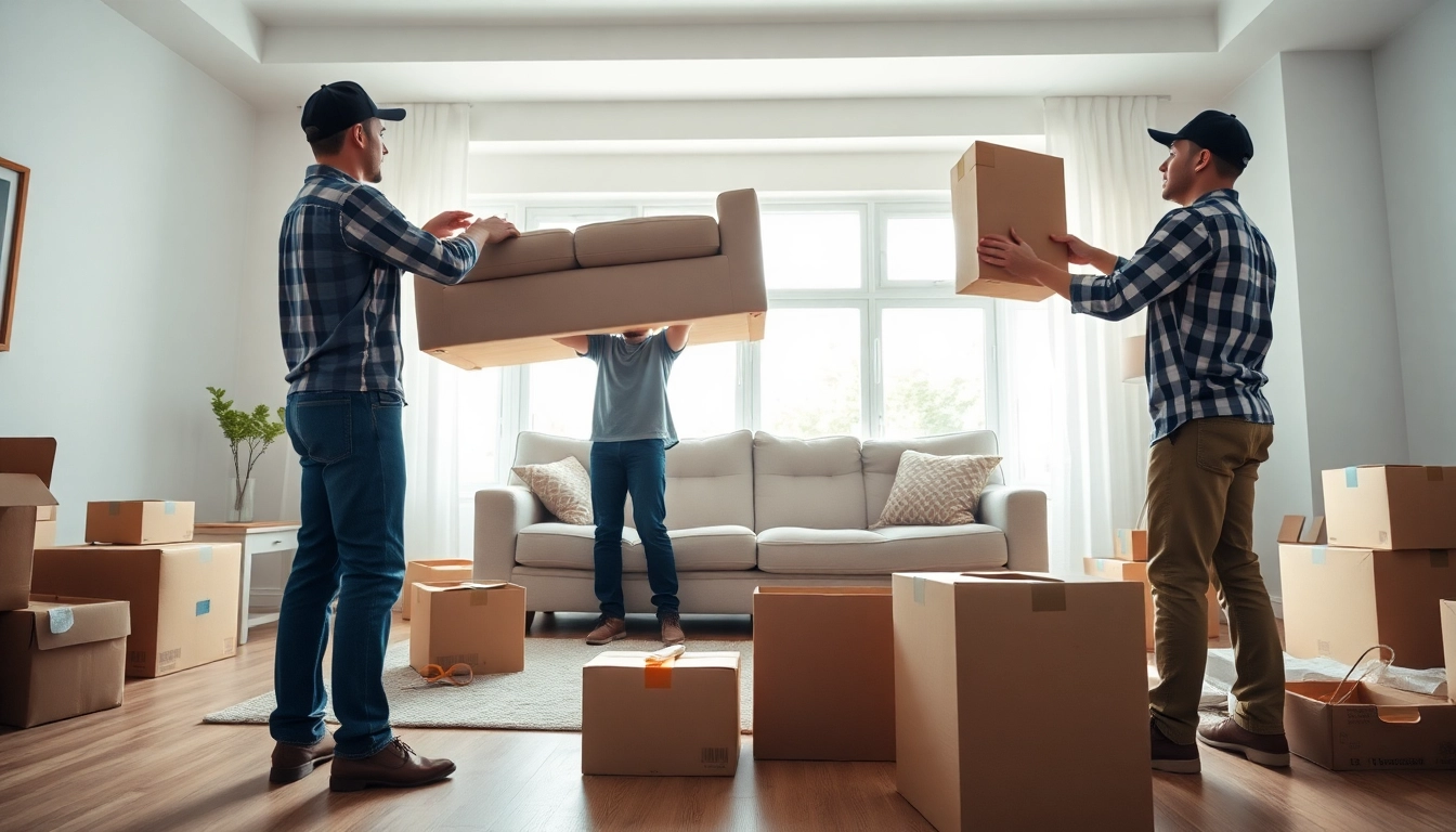 Calgary movers expertly packing and lifting furniture in a bright room.