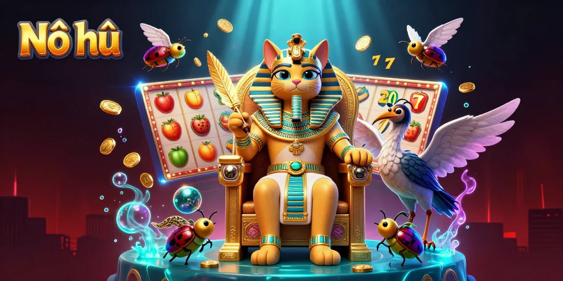 Nổ hũ slot game scene featuring an Egyptian pharaoh cat surrounded by jackpot symbols and vibrant colors