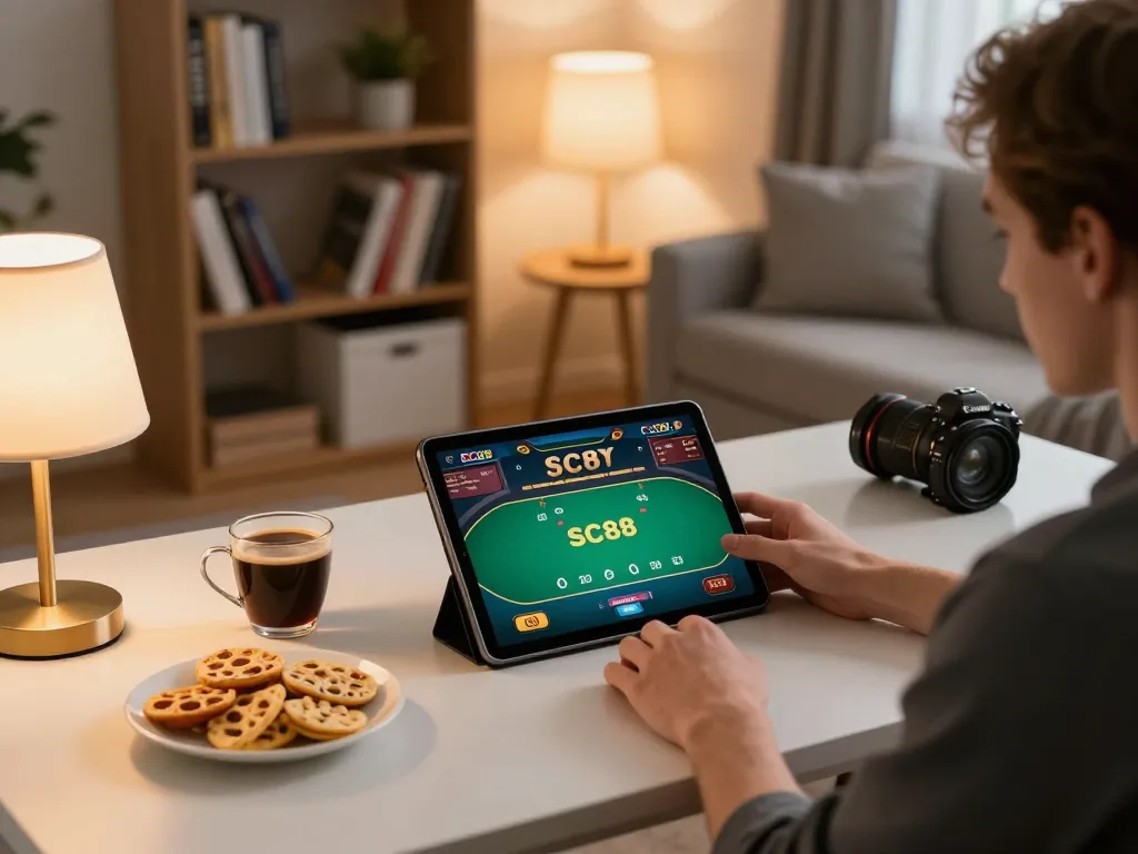 Engaging gameplay at SC88 online poker, showcasing a cozy home gaming setup.