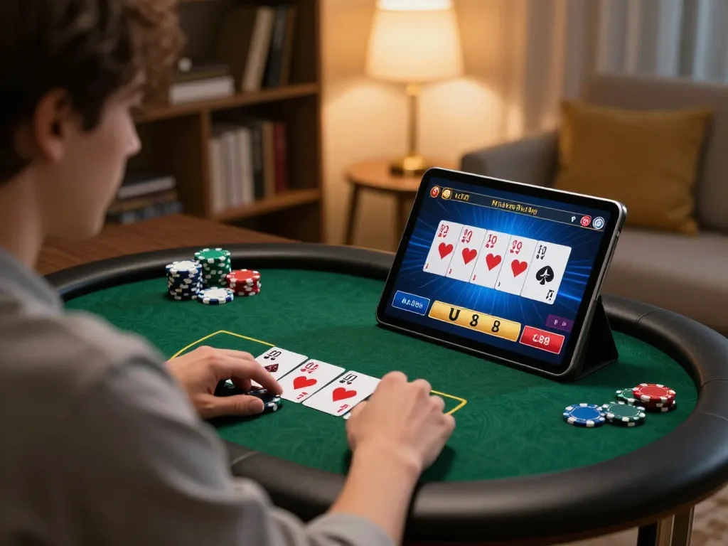 Player engaging in strategic LC88 online gaming using a tablet at home, enhancing responsible gambling.