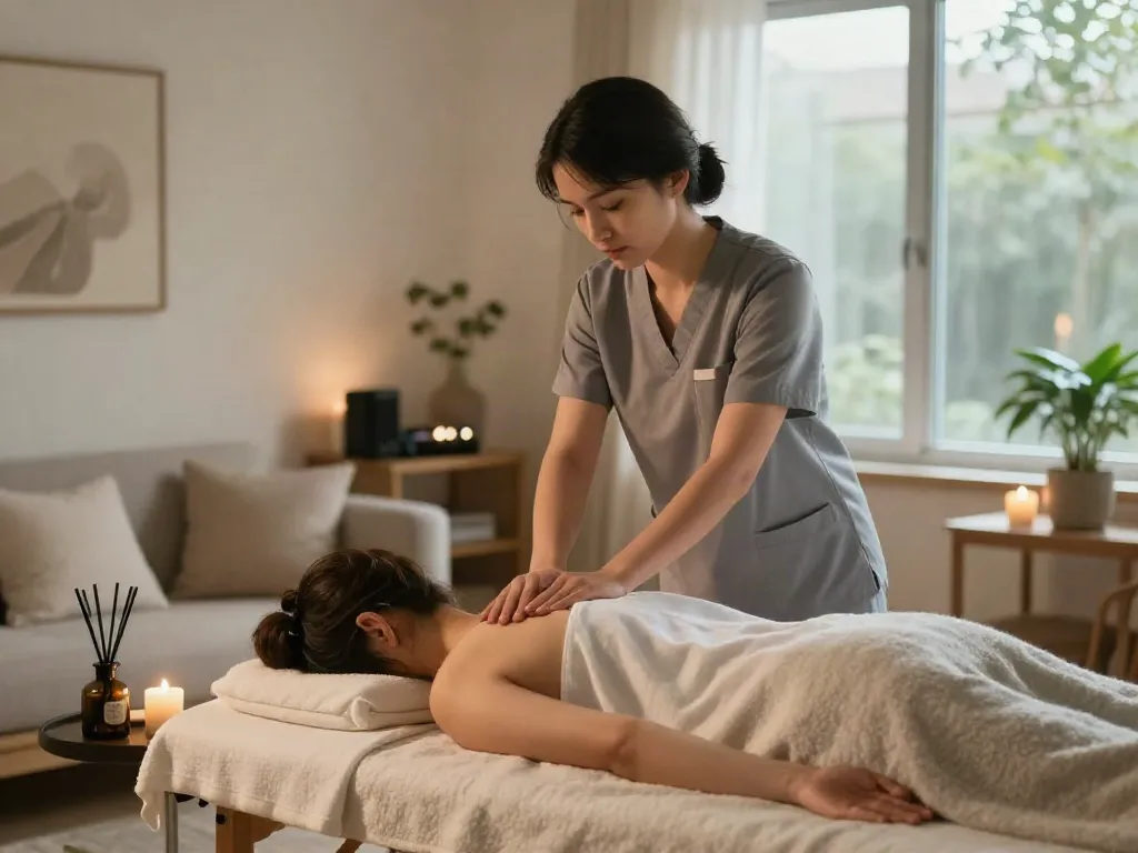 양천구출장안마 home massage therapy scene with therapist and client relaxing