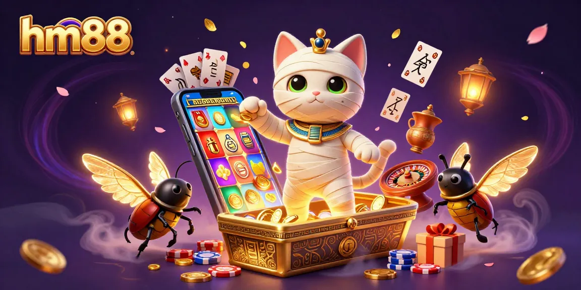 Experience thrilling gameplay at hm88 with a vibrant 3D mummy cat and casino elements.