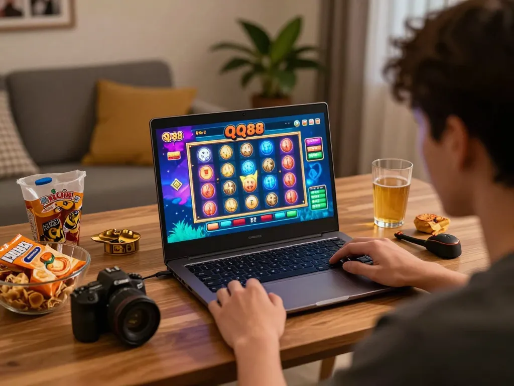 Player enjoying QQ88 movie while engaging in an exciting online gaming session at home with snacks.