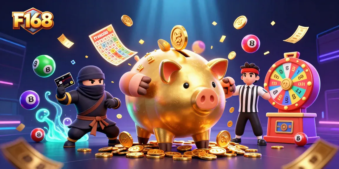 F168 showcases a thrilling casino scene with a golden piggy bank and vibrant lottery elements.