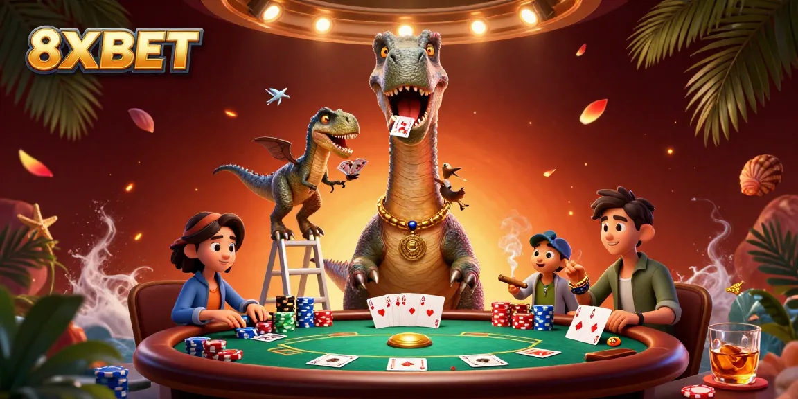 Engage in thrilling poker games at 8XBET with a dynamic casino scene involving playful dinosaur characters.