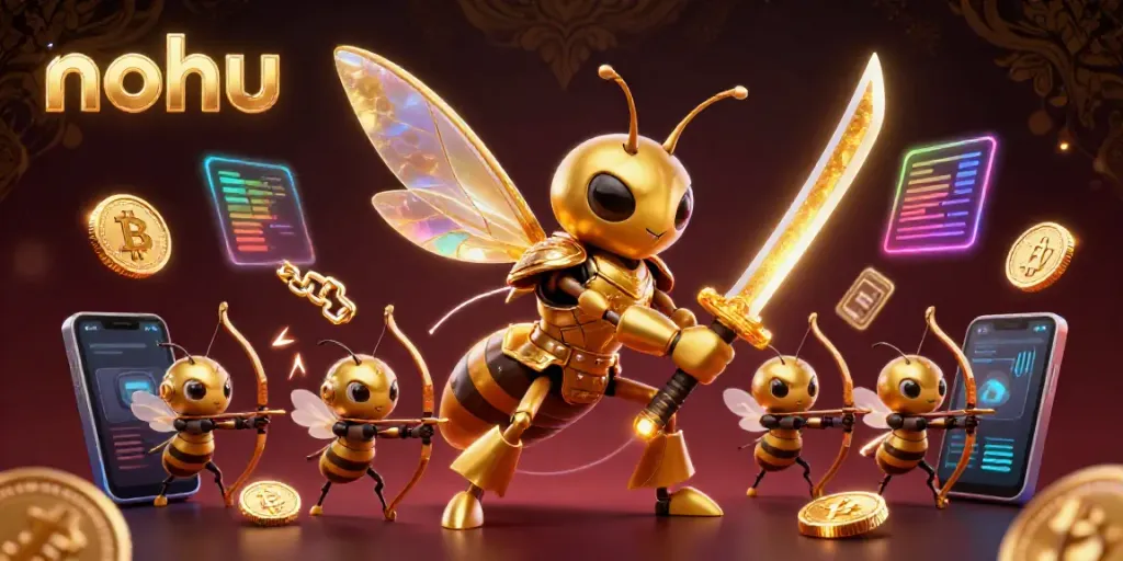 NoHu rooftop casino themed illustration with golden hornet and cryptocurrency elements.