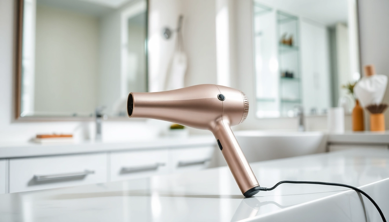 Styling with an Ionic blow dryer showcasing sleek design and shiny finish.