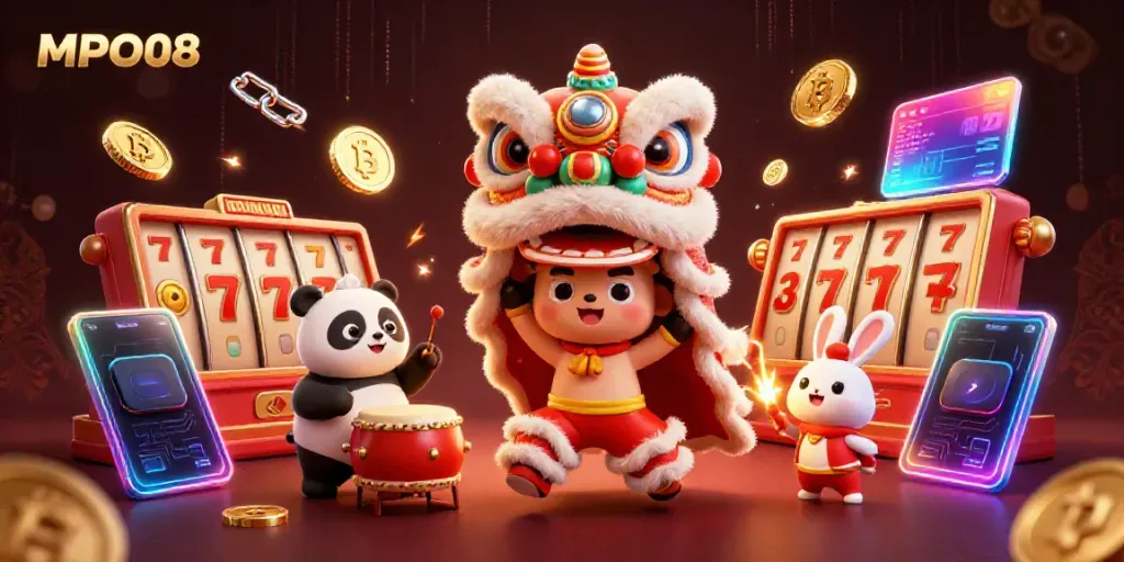 Join the excitement of MPO08 with vibrant characters celebrating gaming wins amidst slot reels and crypto coins.