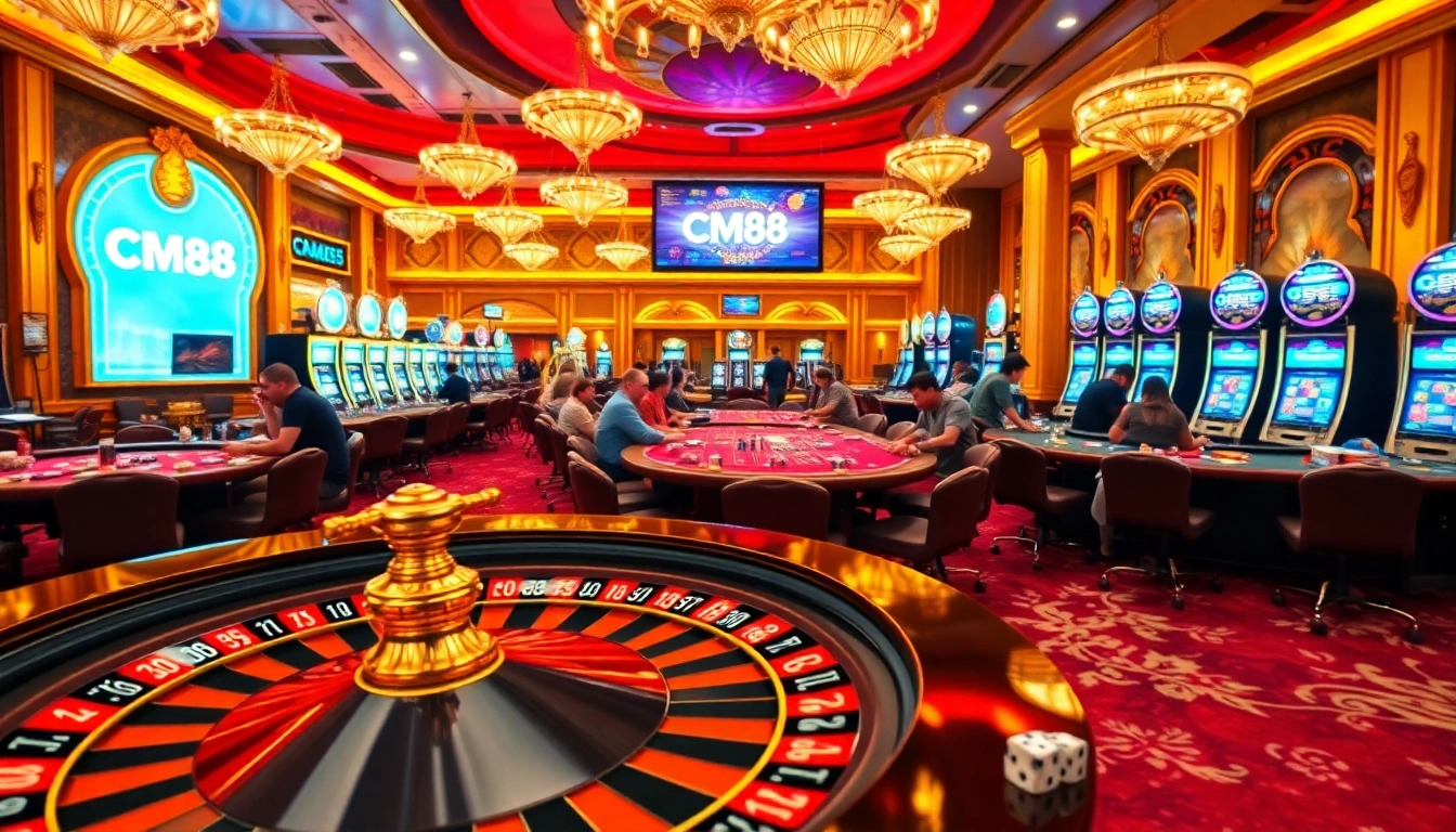Exciting casino scene with players at poker tables and a roulette wheel; CM88 highlights the thrill of gambling.