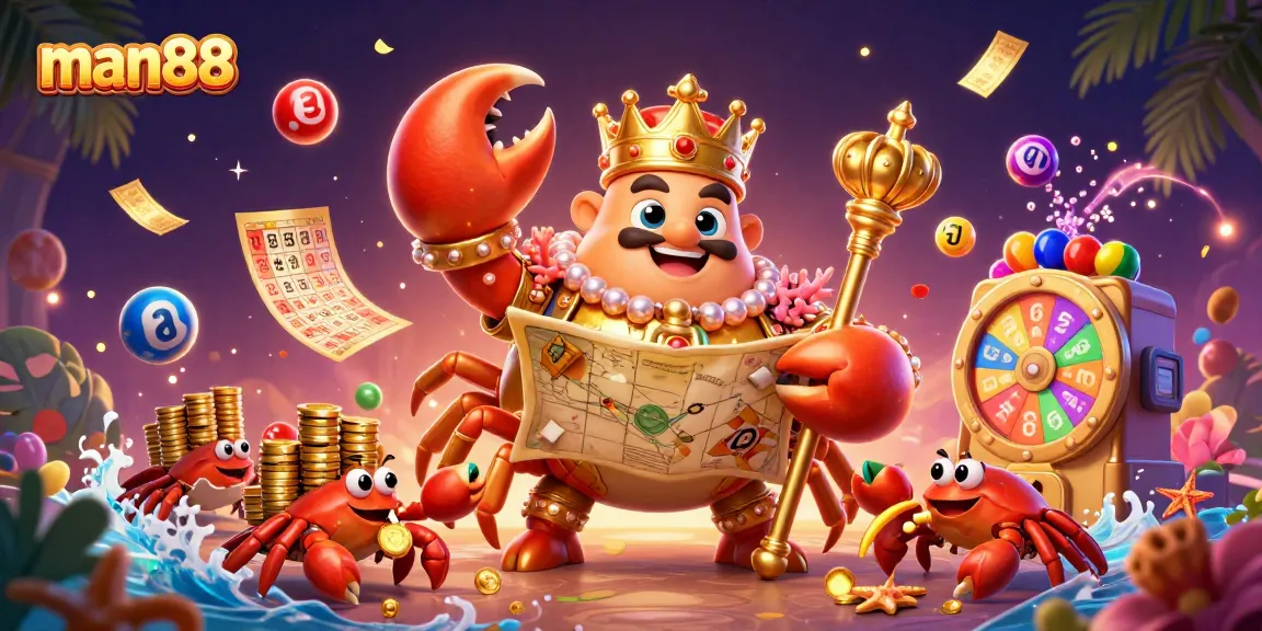 Experience exciting gaming action with man88’s colorful lottery elements featured in a vibrant 3D illustration.