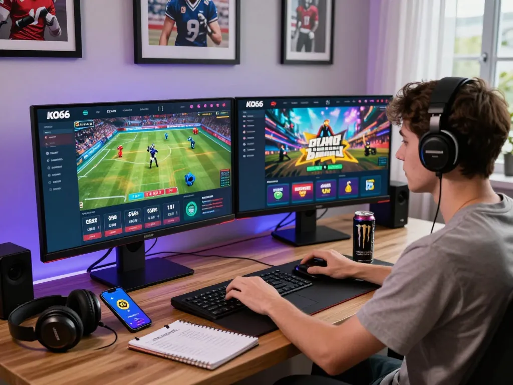 Engaged user exploring link KO66 on modern desktop with vibrant game graphics.