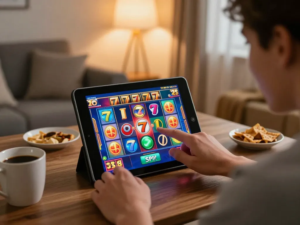 Player excitedly interacting with slot777 on a tablet in a cozy home setting.