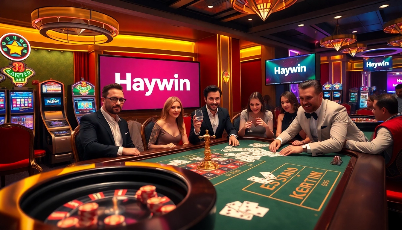 High-stakes gambling table showcasing Haywin poker chips and vibrant casino atmosphere