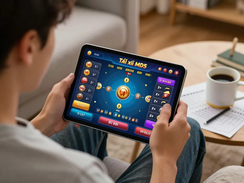 Enjoying Tài xỉu MD5 on a tablet in a cozy home while focusing on betting strategy.