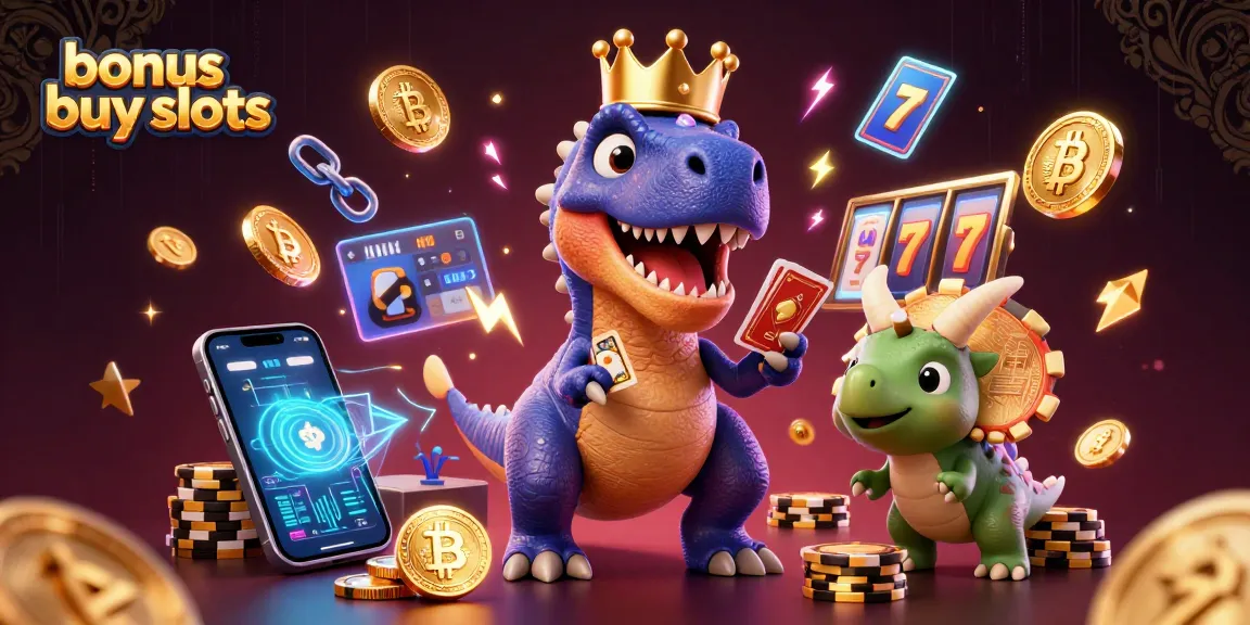 Engage with bonus buy slots featuring a T-Rex shuffling cards and a baby triceratops stacking chips.