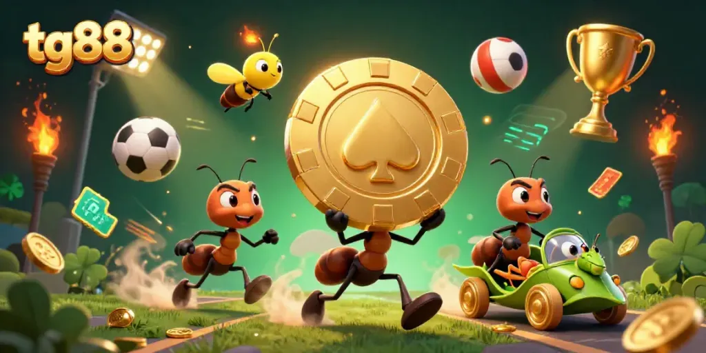 Engage with tg88 as ants transport a golden poker chip through a vibrant gambling tunnel scene.