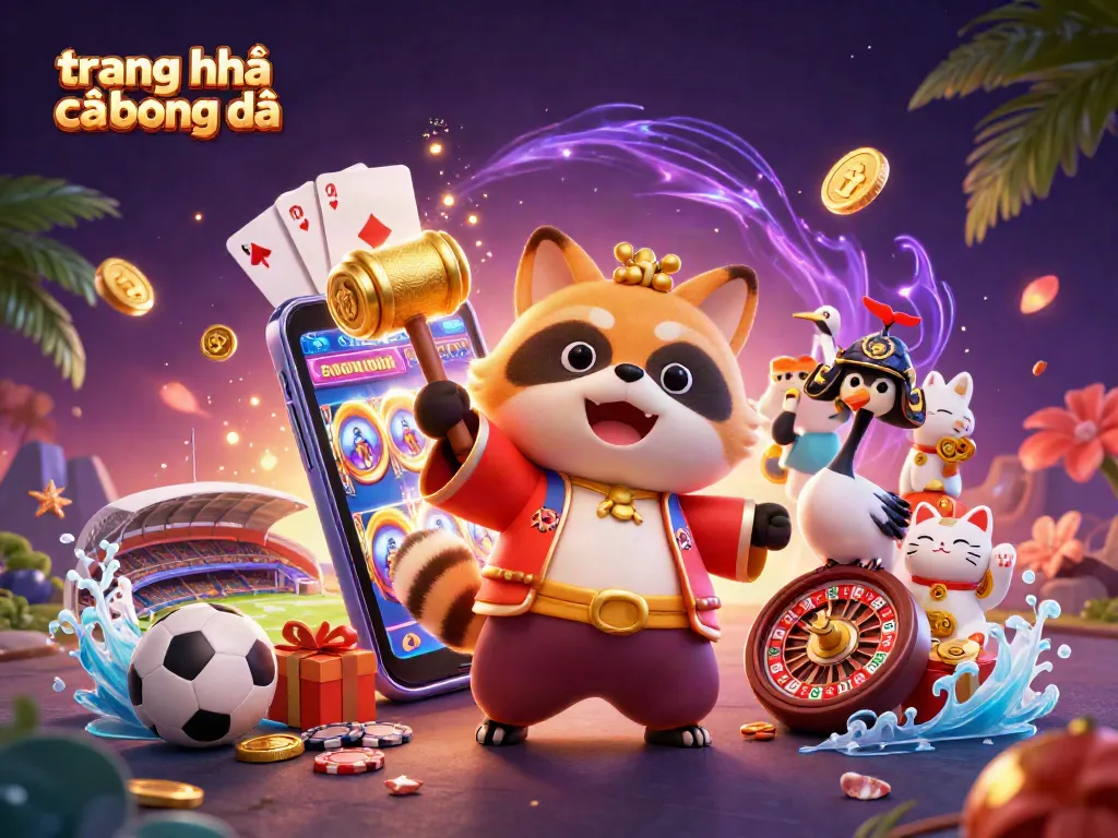 Trang nhà cái bóng đá với tanuki và crane trong không gian cá cược sinh động.